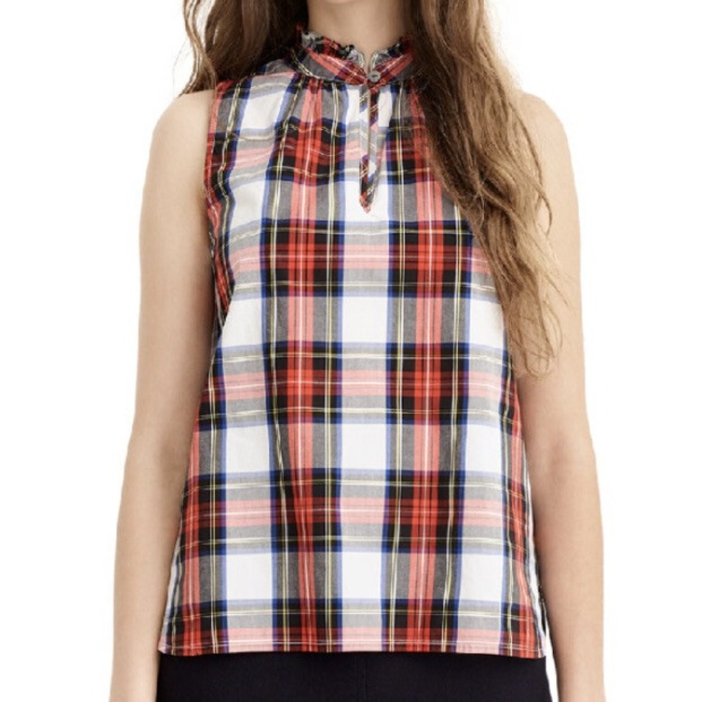 J Crew Womens Tartan Plaid Top Sz 0 Red Green Sleeveless Ruffle Neck Shirt NWT‎
